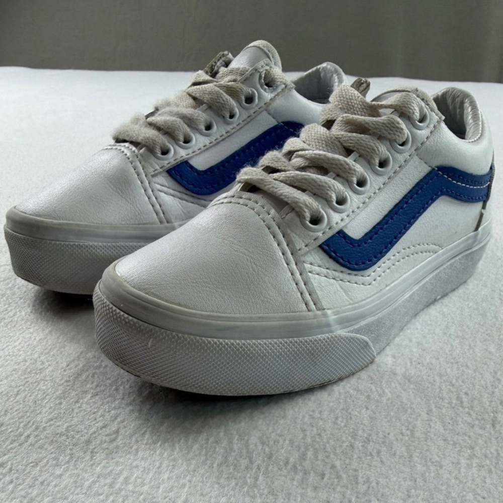 Vans Old Skool Kids Sneakers White Leather Blue Stripe Low Top size 11 Y2K